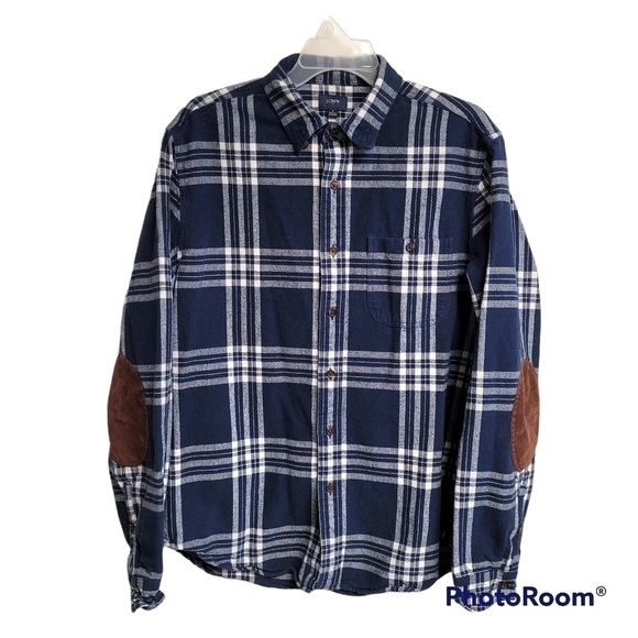 J. Crew Blue And White Plaid Flannel Button Down Elbow Patch Casual Shirt Medium - Picture 1 of 6